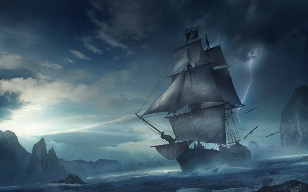 Fantasy Ship Lightning Pirate Ship Jolly Roger Cliff HD Wallpaper | Background Image
