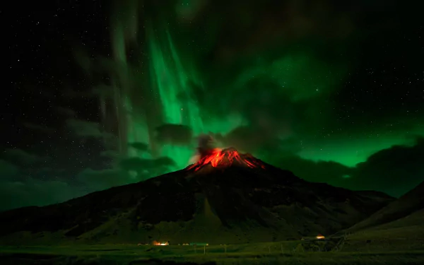 A stunning scene of a volcanic eruption under a starry sky, illuminated by the vibrant colors of the aurora borealis, showcasing the power of nature.