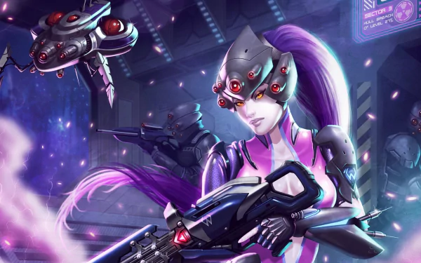 A high-definition desktop wallpaper featuring Widowmaker from Overwatch, a video game character with purple hair and yellow eyes, holding a weapon amidst a futuristic backdrop with other armed figures.
