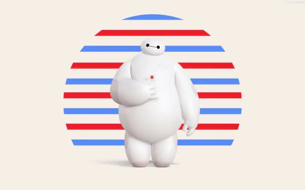 HD desktop wallpaper featuring Baymax from the movie Big Hero 6 standing in front of red and blue horizontal stripes.