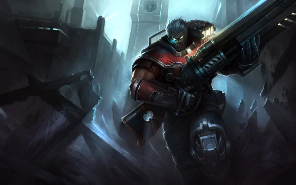 Graves (League of Legends) wielding a shotgun in a dark, rainy cityscape — 5K Ultra HD video game PC desktop wallpaper/background.