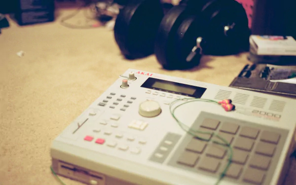 HD desktop wallpaper featuring a close-up of a music sampler with headphones on a carpeted floor, giving off a creative, casual vibe.