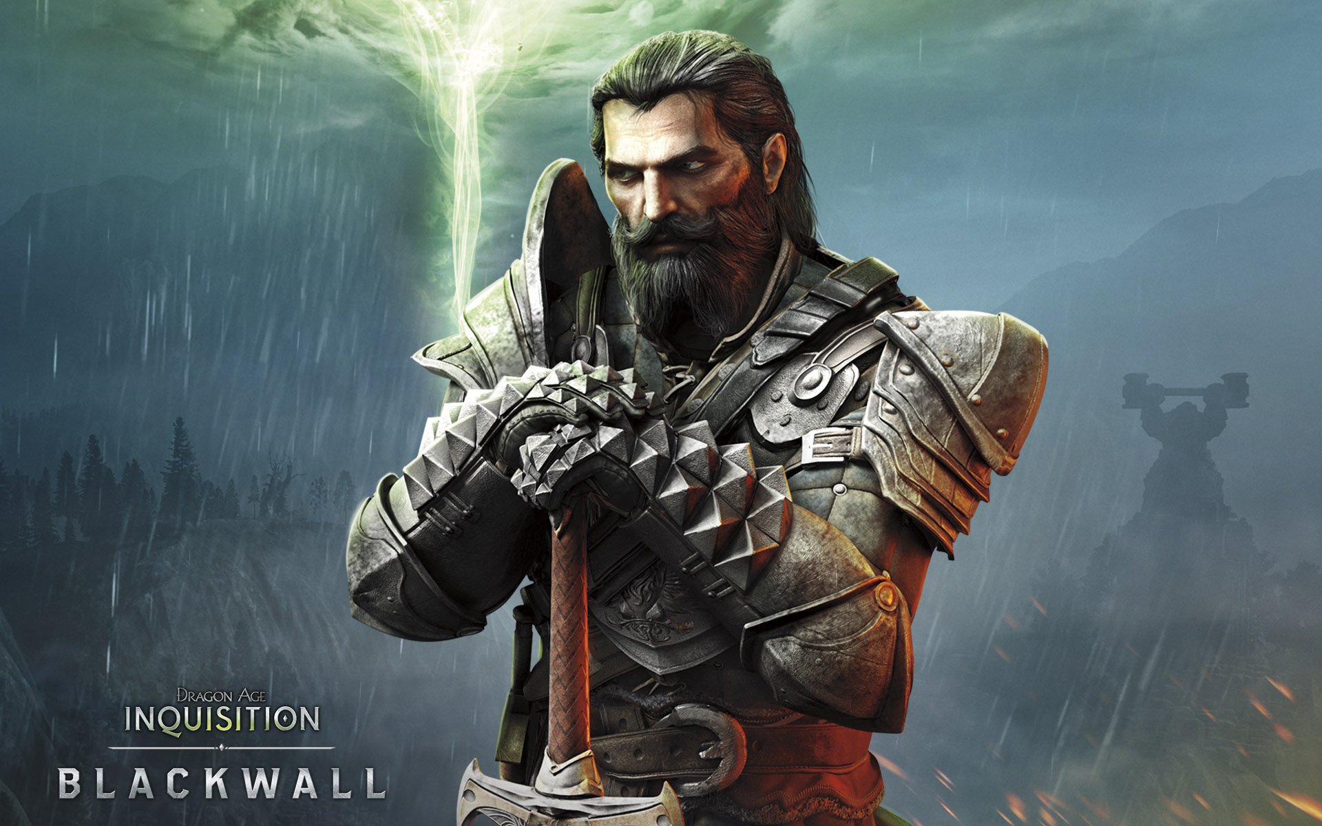 HD PC desktop wallpaper of a bearded warrior in heavy armor holding a glowing staff from the video game Dragon Age: Inquisition, set against a stormy, mystical background.