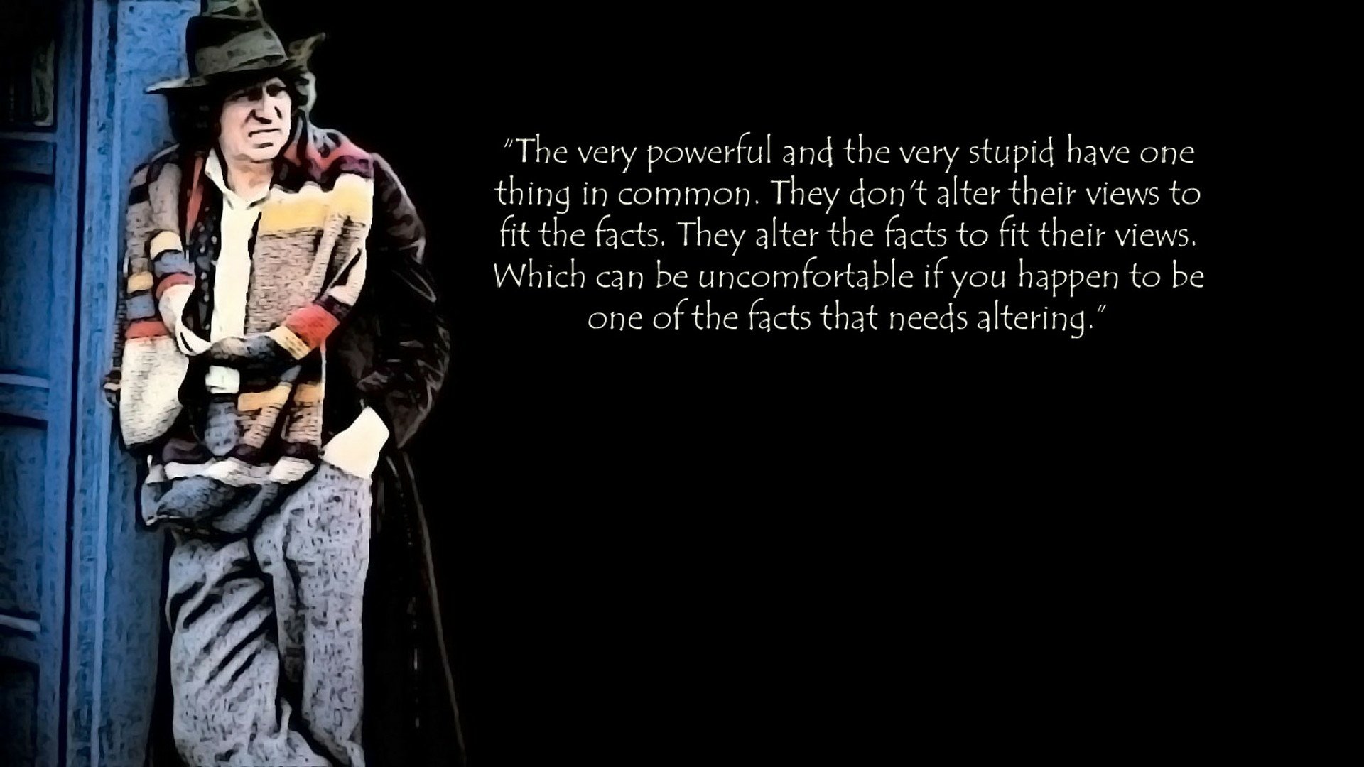 HD desktop wallpaper of a Doctor Who TV show scene featuring a character and a profound quote on the nature of power and stupidity.