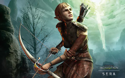 HD PC desktop wallpaper from the video game Dragon Age: Inquisition featuring the character Sera aiming her bow in a misty, forested environment.