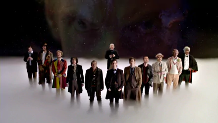 HD desktop wallpaper featuring various incarnations of the Doctor from the TV show Doctor Who (2005), standing on a misty ground with a cosmic background.