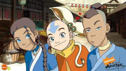 HD PC desktop wallpaper featuring characters from Avatar: The Last Airbender, including Aang, Katara, Sokka, and Momo the flying lemur.