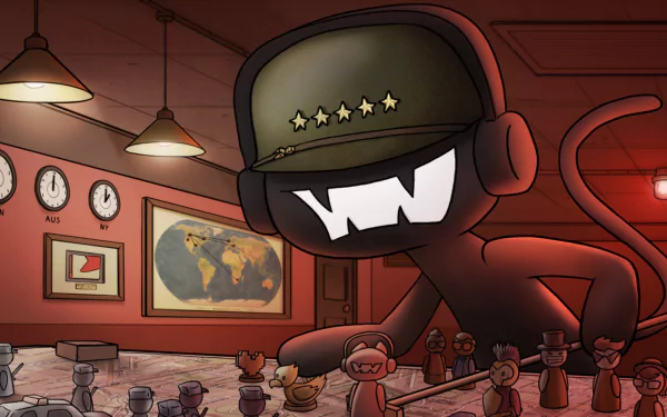 A vibrant HD desktop wallpaper featuring the Monstercat character in a whimsical setting, playfully interacting with various figures against a backdrop of clocks and a world map.