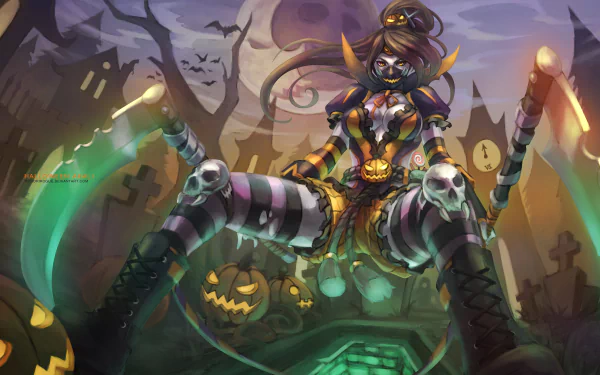 4K Ultra HD PC wallpaper: Halloween-themed Akali from League of Legends in striped costume, perched among jack-o'-lanterns and graves with glowing green blades and a moonlit sky.
