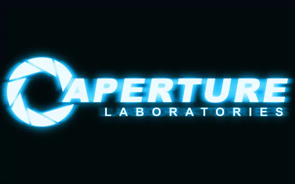 Glowing blue Aperture Laboratories logo (Aperture Science) from the Portal video game on a dark HD PC desktop wallpaper background.