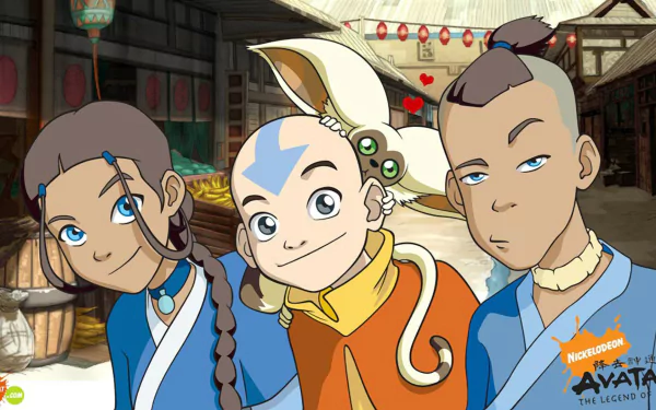 HD PC desktop wallpaper featuring characters from Avatar: The Last Airbender, including Aang, Katara, Sokka, and Momo the flying lemur.