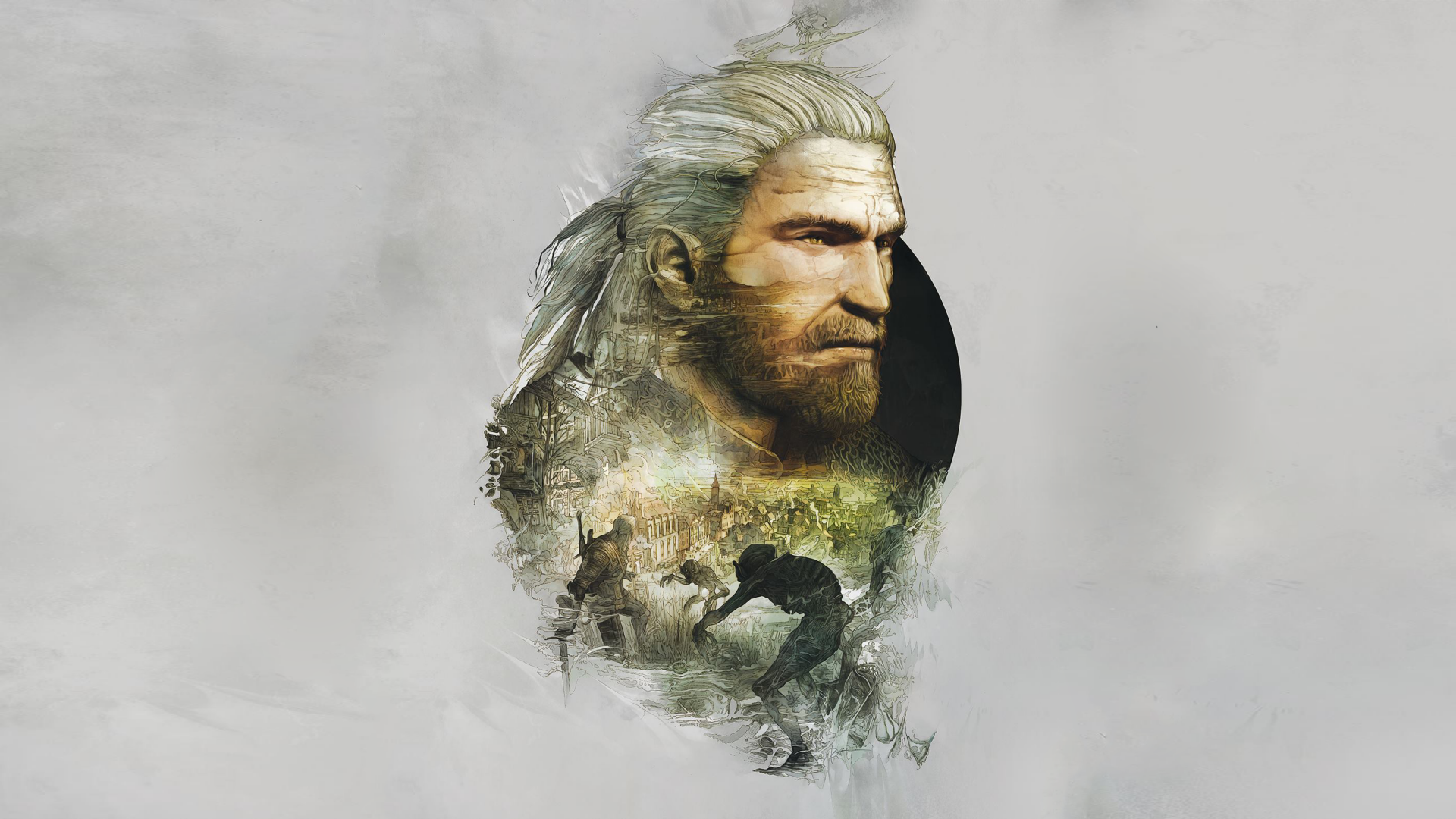 HD wallpaper featuring Geralt of Rivia from the video game The Witcher 3: Wild Hunt, showcasing his iconic character amidst a dramatic and artistic background.