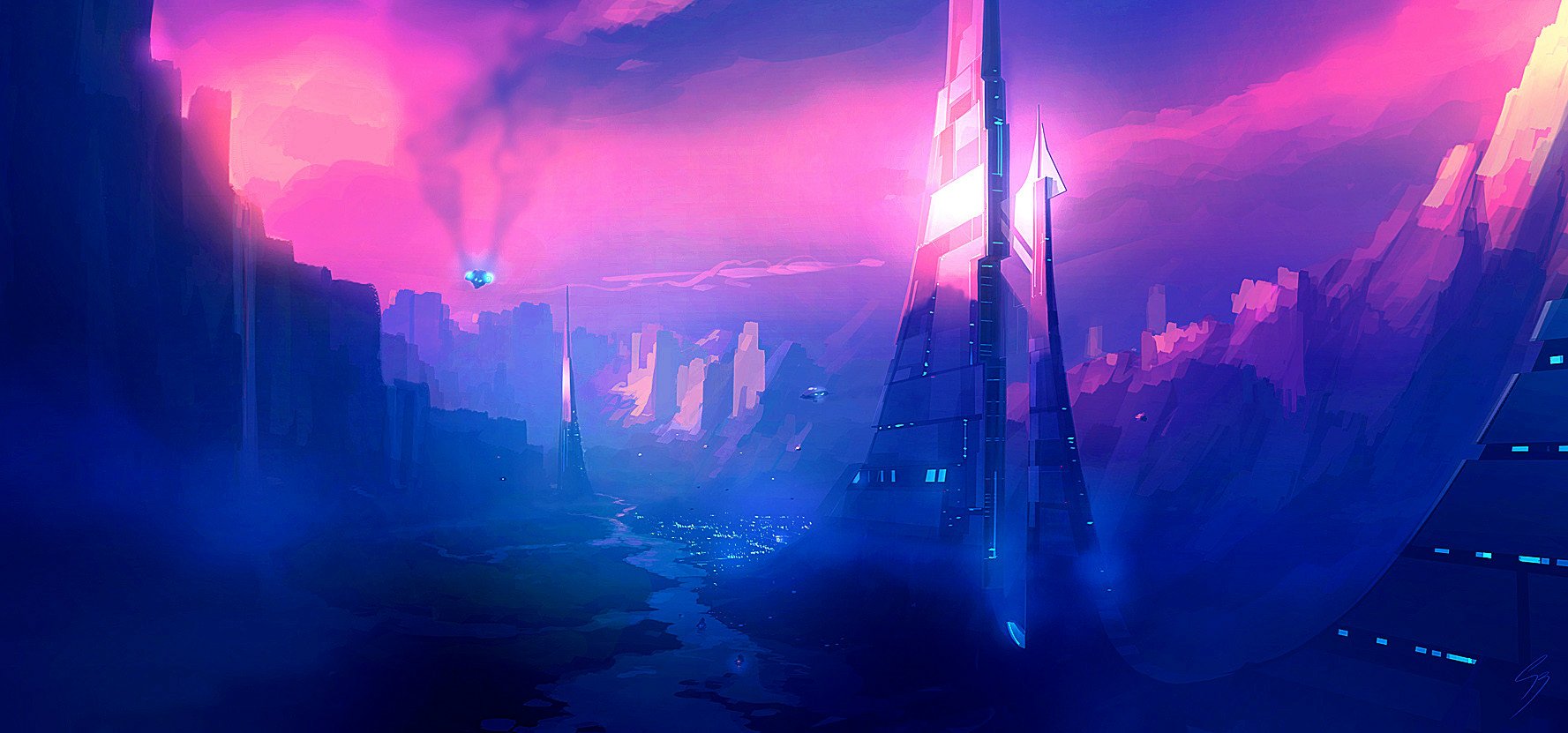 HD sci-fi cityscape with towering futuristic skyscrapers under a vibrant pink and purple sky, designed as a PC desktop wallpaper and background.