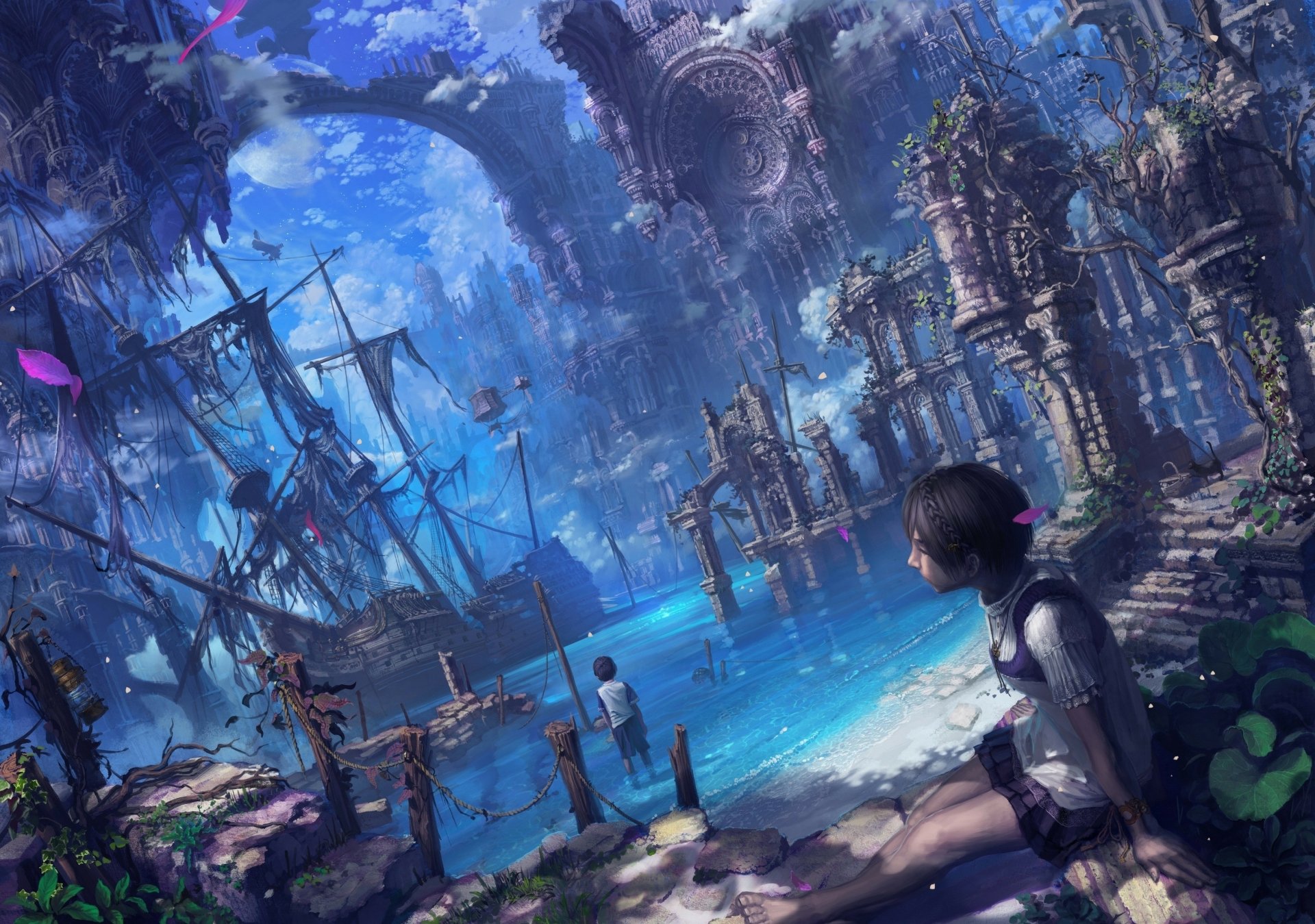 HD wallpaper depicting a fantasy scene with a person gazing at shipwrecks in an ancient, mystical harbor surrounded by lush ruins and floating butterflies.