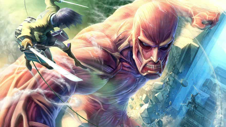 HD desktop wallpaper featuring Eren Yeager in his Titan form from the anime Attack on Titan, depicted in dynamic combat.