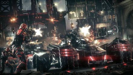 HD desktop wallpaper from Batman: Arkham Knight featuring Batman next to the Batmobile in a dramatic, action-packed city scene.