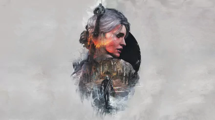 HD desktop wallpaper of Ciri from The Witcher 3: Wild Hunt, featuring a detailed, artistic blend of her profile with a scene from the game.
