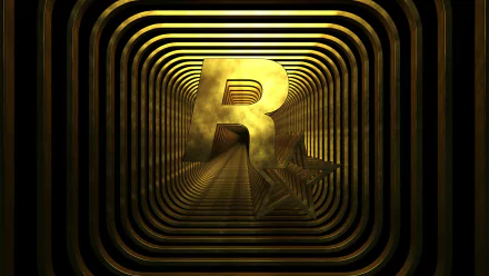 Video game HD PC desktop wallpaper: golden Rockstar Games R and star set inside a glowing concentric tunnel, metallic black-and-gold textures and dramatic depth.