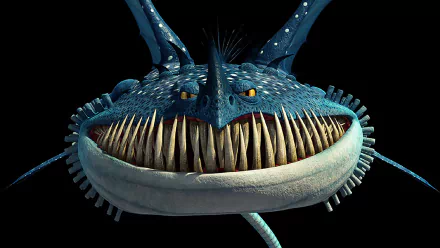 HD PC desktop wallpaper: grinning blue dragon from the movie Book of Dragons, close-up of toothy maw, yellow eyes and spiky fins against a black background.