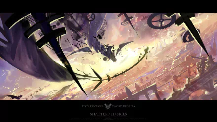 Anime-style HD PC desktop wallpaper from Pixiv Fantasia depicts a dramatic sky filled with floating gears and swords above a sprawling cityscape.