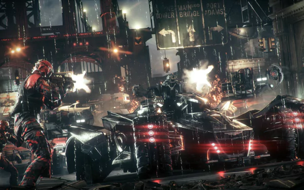 HD desktop wallpaper from Batman: Arkham Knight featuring Batman next to the Batmobile in a dramatic, action-packed city scene.