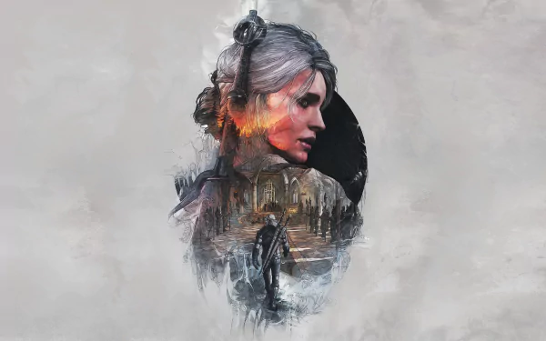 HD desktop wallpaper of Ciri from The Witcher 3: Wild Hunt, featuring a detailed, artistic blend of her profile with a scene from the game.