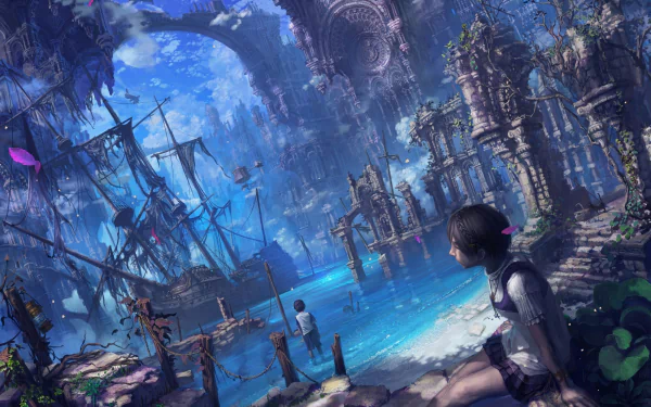 HD wallpaper depicting a fantasy scene with a person gazing at shipwrecks in an ancient, mystical harbor surrounded by lush ruins and floating butterflies.