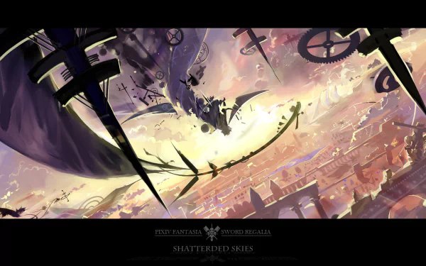 Anime-style HD PC desktop wallpaper from Pixiv Fantasia depicts a dramatic sky filled with floating gears and swords above a sprawling cityscape.