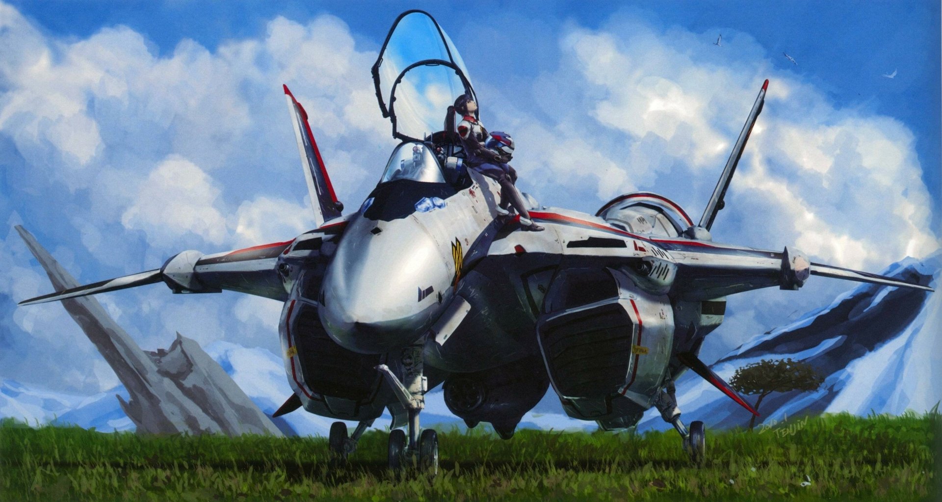 HD anime Macross wallpaper featuring a detailed fighter jet set against a bright blue sky with scattered clouds and grassy terrain.