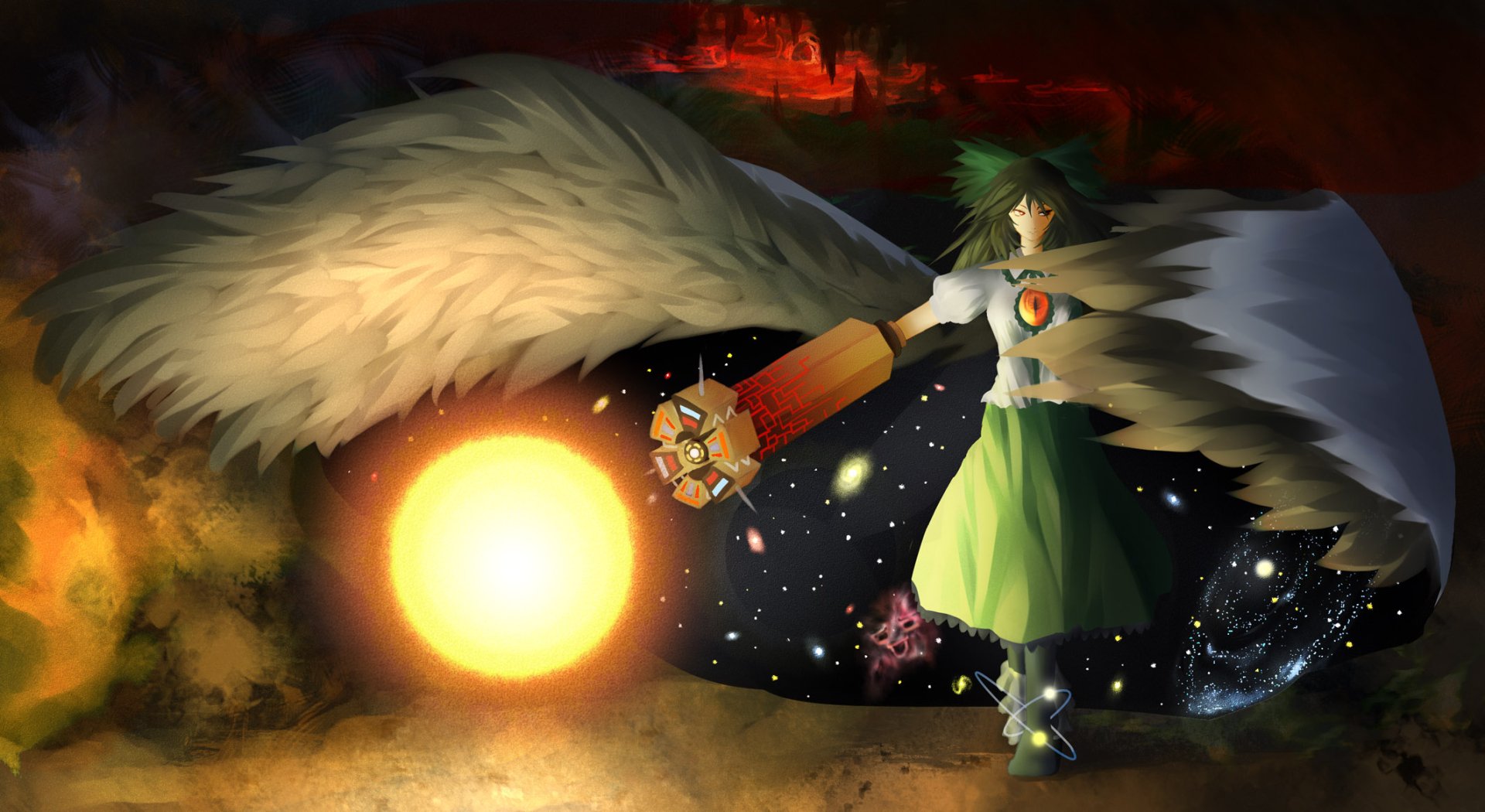 HD PC desktop wallpaper of Utsuho Reiuji (Touhou) — anime depiction with large white wings, green skirt and control arm unleashing a glowing sun against a starry cosmic background.
