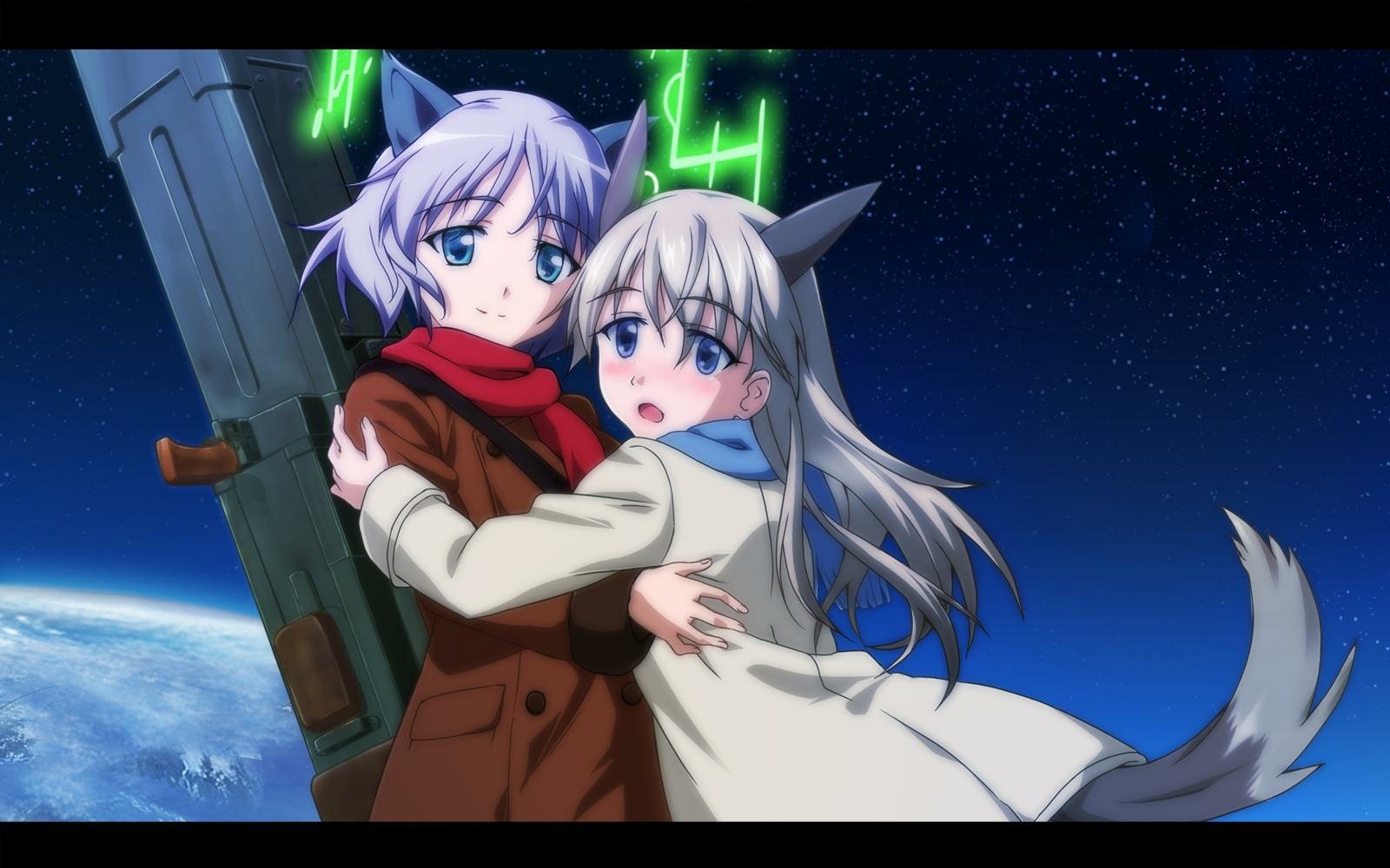 HD anime desktop wallpaper featuring two Strike Witches characters with animal ears and tails, embracing against a starry space background above Earth.