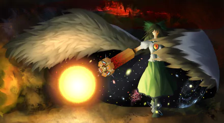 HD PC desktop wallpaper of Utsuho Reiuji (Touhou) — anime depiction with large white wings, green skirt and control arm unleashing a glowing sun against a starry cosmic background.