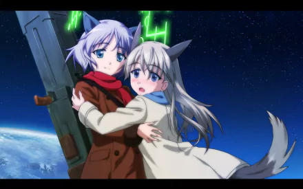 HD anime desktop wallpaper featuring two Strike Witches characters with animal ears and tails, embracing against a starry space background above Earth.