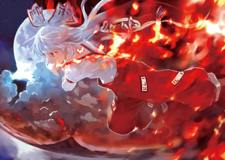 HD anime desktop wallpaper featuring Fujiwara no Mokou from Touhou, depicted with flowing white hair and fiery flames against a moonlit sky.