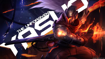 Ionia’s Yasuo from League of Legends is featured in this vibrant HD desktop wallpaper, showcasing the character with fiery effects and the text The Unforgiven Yasuo in the background.