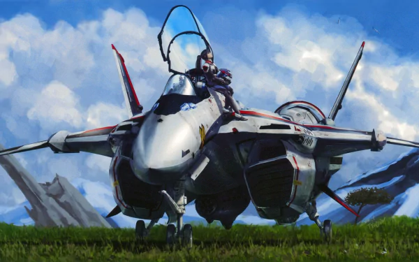HD anime Macross wallpaper featuring a detailed fighter jet set against a bright blue sky with scattered clouds and grassy terrain.