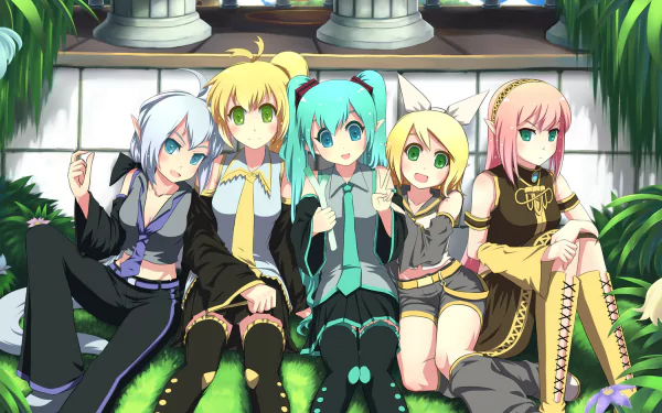 HD anime-style desktop wallpaper featuring Vocaloid characters Yowane Haku, Luka Megurine, Rin Kagamine, Hatsune Miku, and Akita Neru sitting together outdoors.