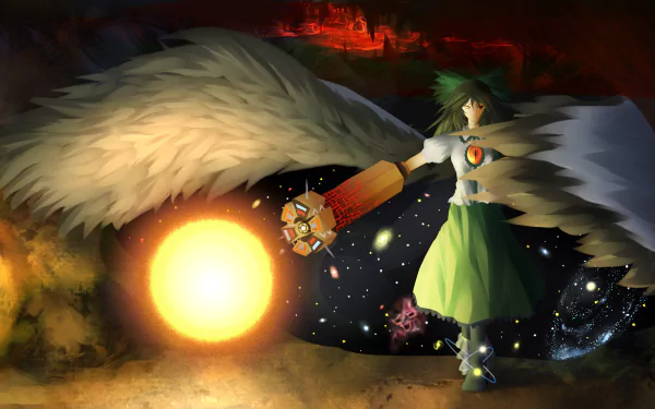 HD PC desktop wallpaper of Utsuho Reiuji (Touhou) — anime depiction with large white wings, green skirt and control arm unleashing a glowing sun against a starry cosmic background.