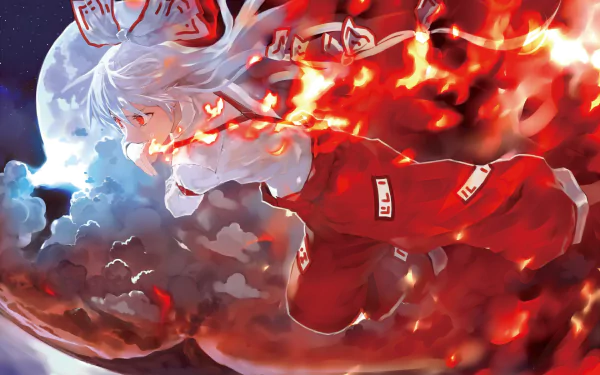 HD anime desktop wallpaper featuring Fujiwara no Mokou from Touhou, depicted with flowing white hair and fiery flames against a moonlit sky.