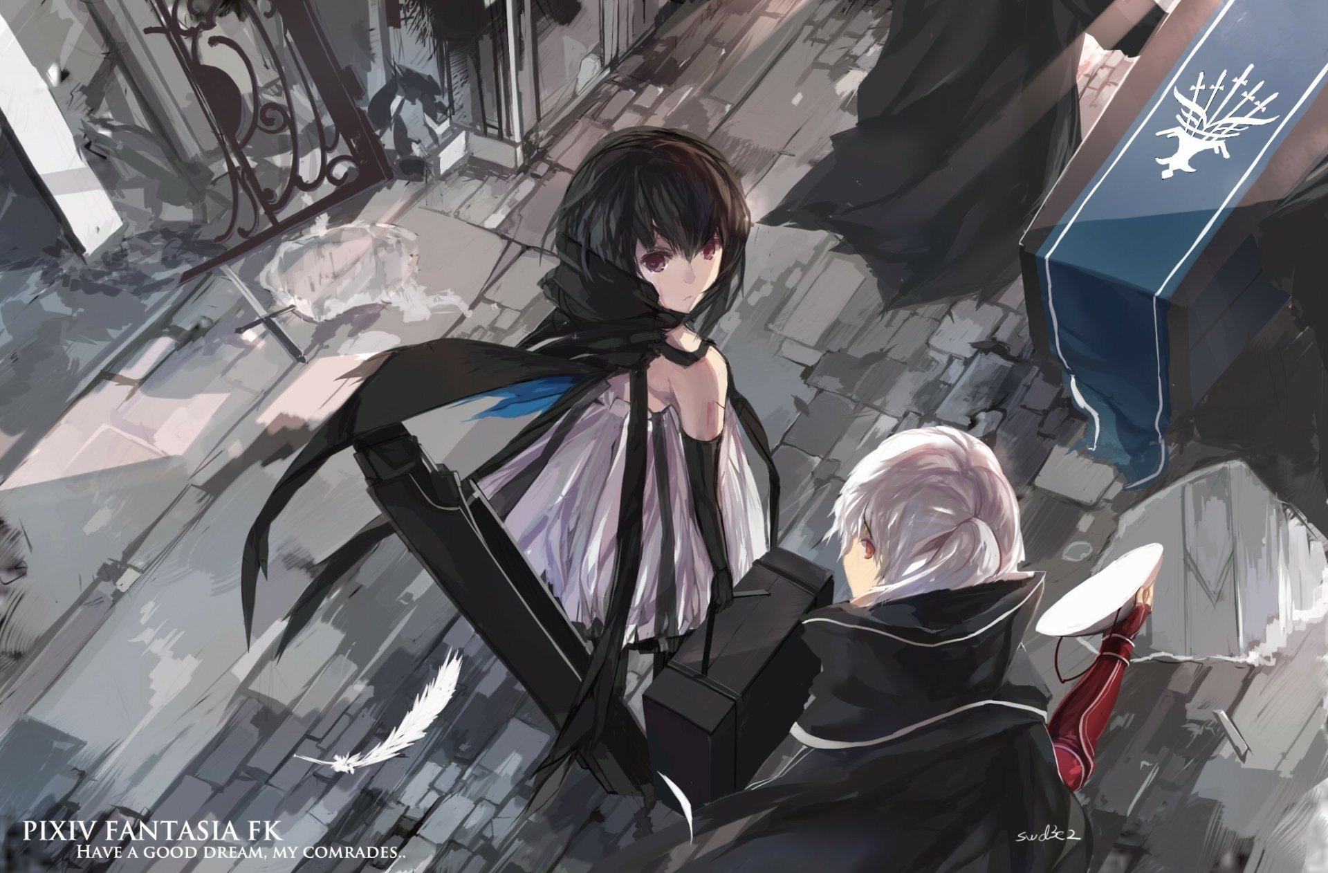 Anime-style HD desktop wallpaper from Pixiv Fantasia FK, depicting two characters in a dramatic scene from Pixiv Fantasia Fallen Kings with detailed, dynamic artwork.