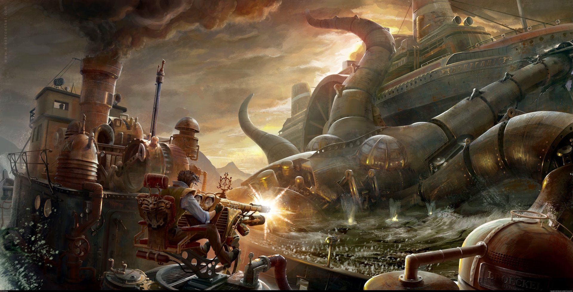 A steampunk-inspired sci-fi scene featuring a character wielding a weapon, set against a backdrop of towering machinery and ominous clouds, designed for a high-definition desktop wallpaper.