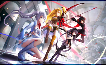 Anime-inspired HD wallpaper featuring the main characters from RWBY, showcasing dynamic poses and vibrant colors in an action-packed scene.