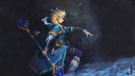 Crystal Maiden from DotA 2 stands poised in a winter landscape, wielding her staff, set against a dark, atmospheric backdrop. This stunning HD wallpaper captures her magical essence.