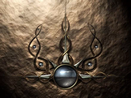 HD desktop wallpaper featuring a fantasy-themed design with an intricate, metallic pattern and a central orb on a textured background. Tags: fantasy, Other.