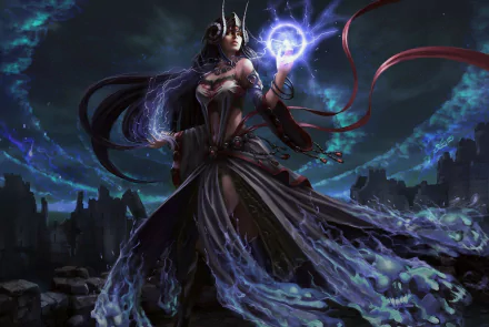 HD fantasy desktop wallpaper featuring a powerful witch casting a spell amidst a mystical, ruined cityscape.