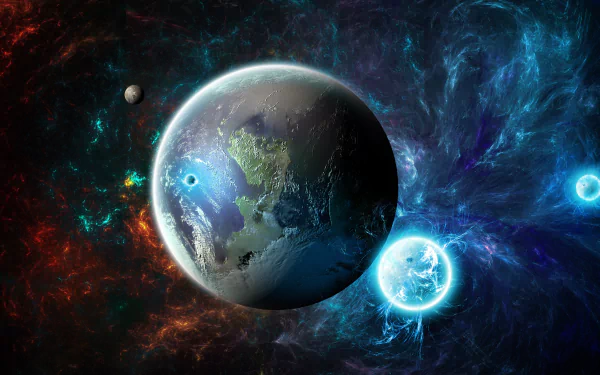 A stunning sci-fi scene showcasing a vibrant planet surrounded by cosmic elements and glowing stars, presented in 4K Ultra HD for an immersive desktop wallpaper experience.