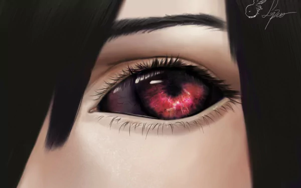 HD desktop wallpaper featuring Touka Kirishima from Tokyo Ghoul. The close-up anime image focuses on her intense, glowing red eye.