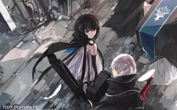 Anime-style HD desktop wallpaper from Pixiv Fantasia FK, depicting two characters in a dramatic scene from Pixiv Fantasia Fallen Kings with detailed, dynamic artwork.