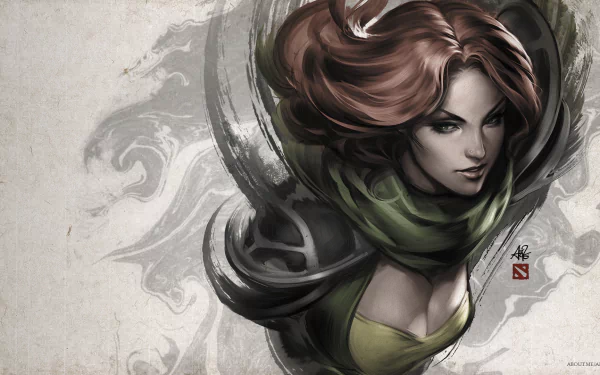 HD PC desktop wallpaper featuring Windranger, a character from the video game DotA 2, depicted with flowing red hair and a green scarf against a stylized background.