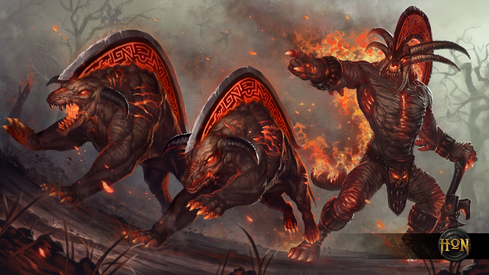 HD PC desktop wallpaper/background — video game Heroes of Newerth: a flaming demonic warrior and two snarling hellhounds charging through ash and embers.